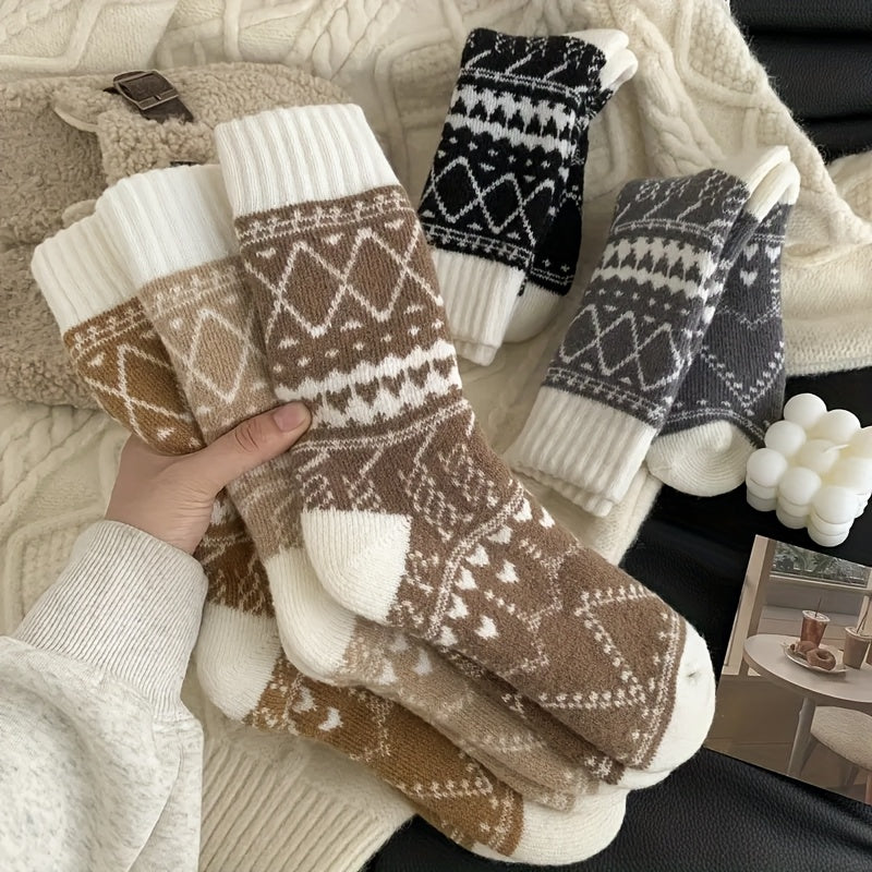 Women's Thermal Winter Socks 5 Pack Fluffy Warm Mid-Calf – Cozy Cold Weather Socks with Ethnic Rhombus Pattern, Soft Fabric for Outdoor Commuting & Everyday Wear, Multi-Color