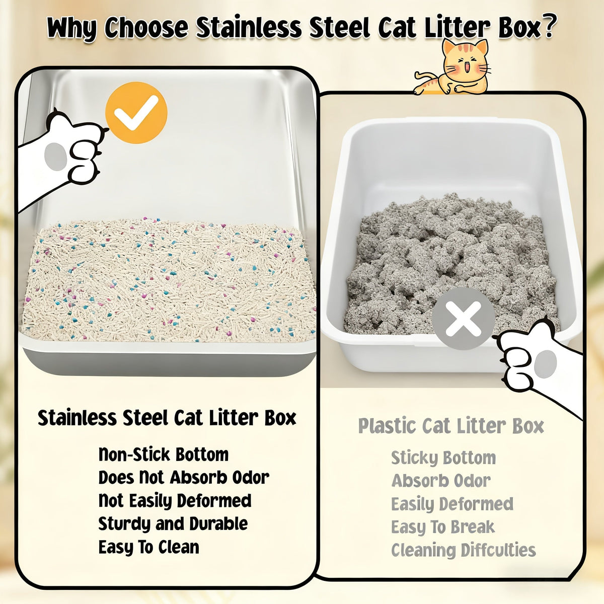Stainless Steel Cat Litter Box Odor-Proof High-Sided Metal Litter Tray for Large Medium Small Cats – Non-Stick Anti-Scratch Leak-Proof Easy Clean Indoor Cat Toilet Multiple Sizes & Colors