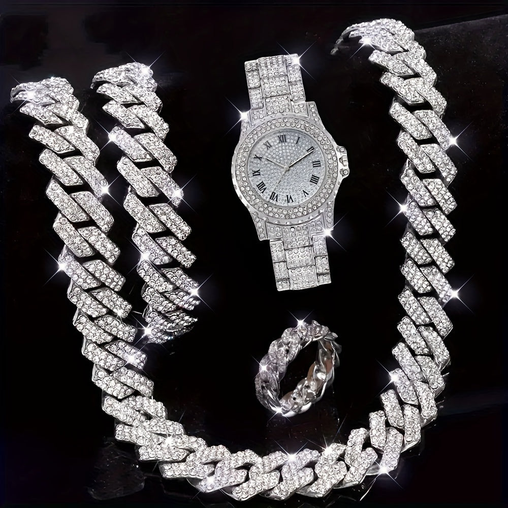 4 Piece Men's Lab-Created Diamond Bracelet Ring & Quartz Watch Gift Set – Luxury Gold Silver Jewelry Set for Men Perfect Holiday Birthday Gift for Him