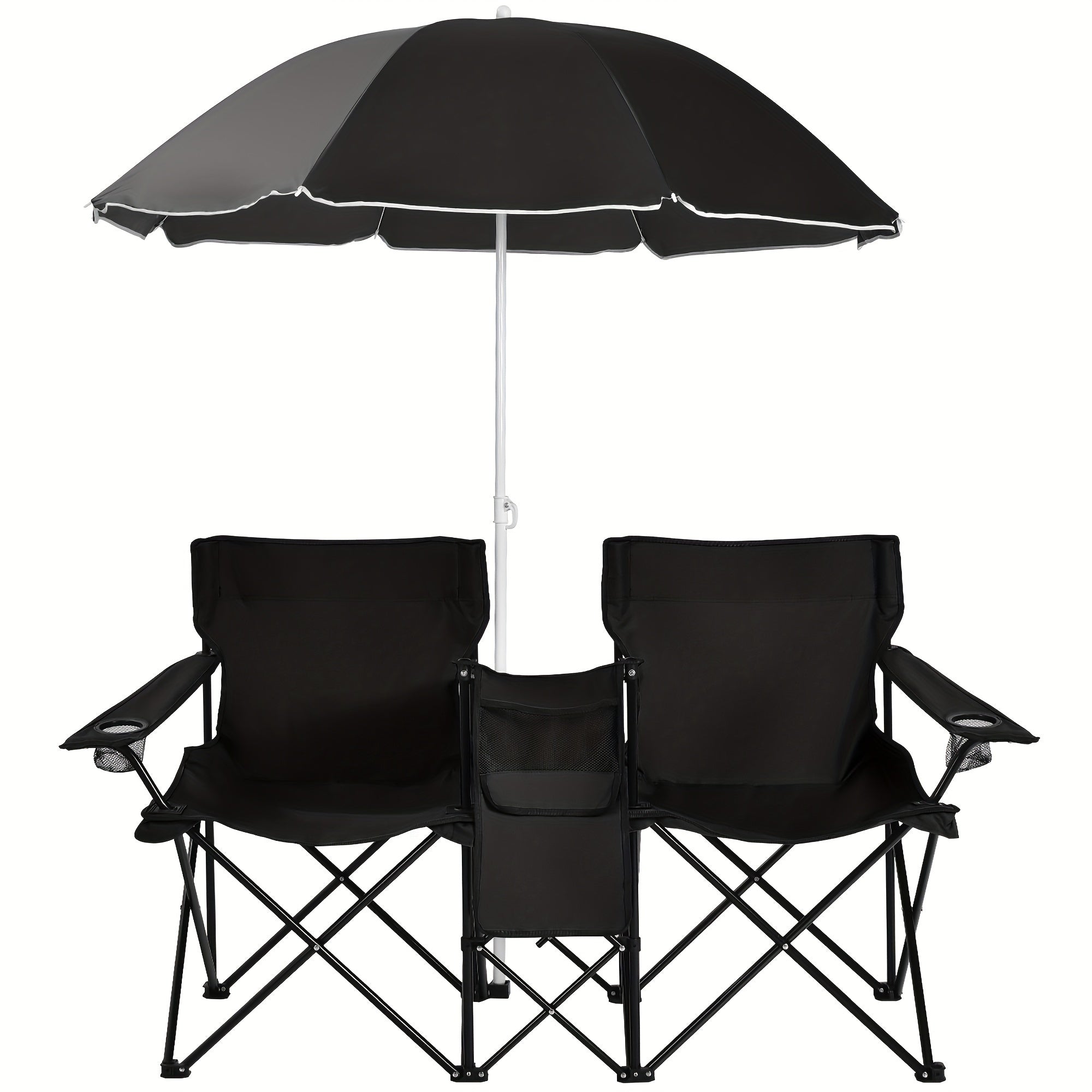 2-Person Folding Beach Chair Set with 59" Umbrella, Cooler Bag & Side Table – 600 lb Capacity Portable Loveseat for Beach, Camping, Picnic & Tailgate, Compact Collapsible Outdoor Chair