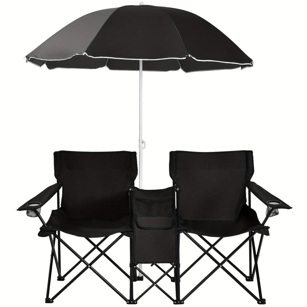 2-Person Folding Beach Chair Set with 59" Umbrella, Cooler Bag & Side Table – 600 lb Capacity Portable Loveseat for Beach, Camping, Picnic & Tailgate, Compact Collapsible Outdoor Chair