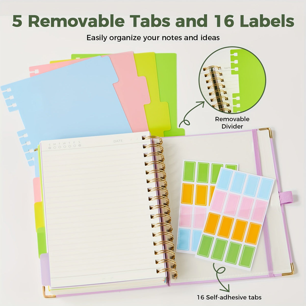 A5 Hardcover 5-Subject Spiral Notebook 300 College-Ruled Pages with Removable Divider Tabs Built-In Pocket 6.1x8.4 Inch Lined Journal for Students Work School Note Taking Purple Green Pink Black