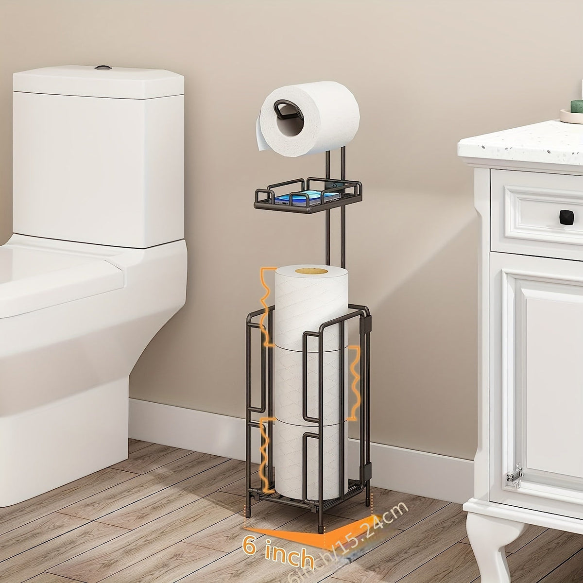 Freestanding Toilet Paper Holder – Metal Stand with 3 Reserve Roll Storage, Modern Bathroom TP Dispenser, No Drilling Required, Housewarming & Christmas Gift