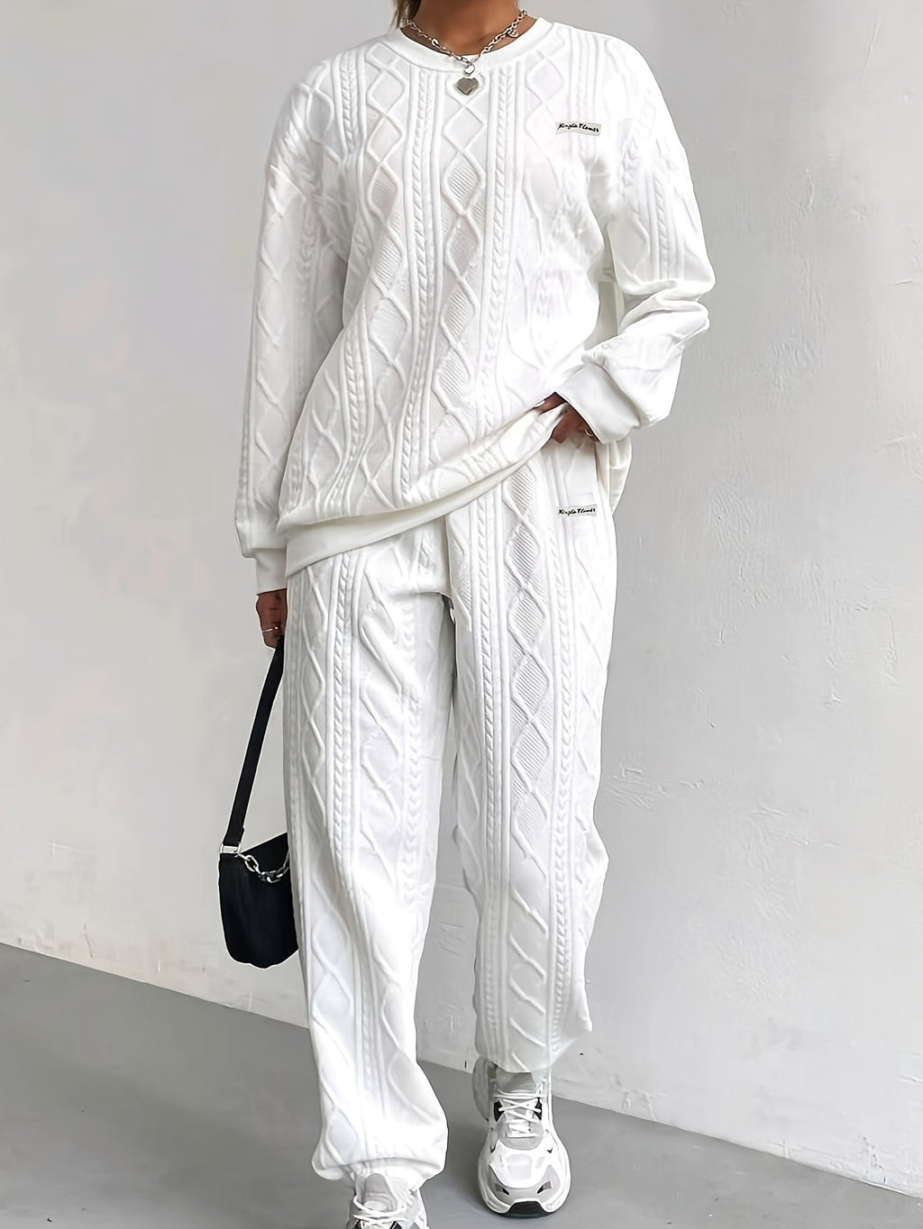 Women's 2-Piece Pullover Sweatsuit Set – Textured Jacquard Crewneck Long Sleeve Top & Sweatpants Tracksuit Breathable Casual Loungewear for Spring Summer S-XXL