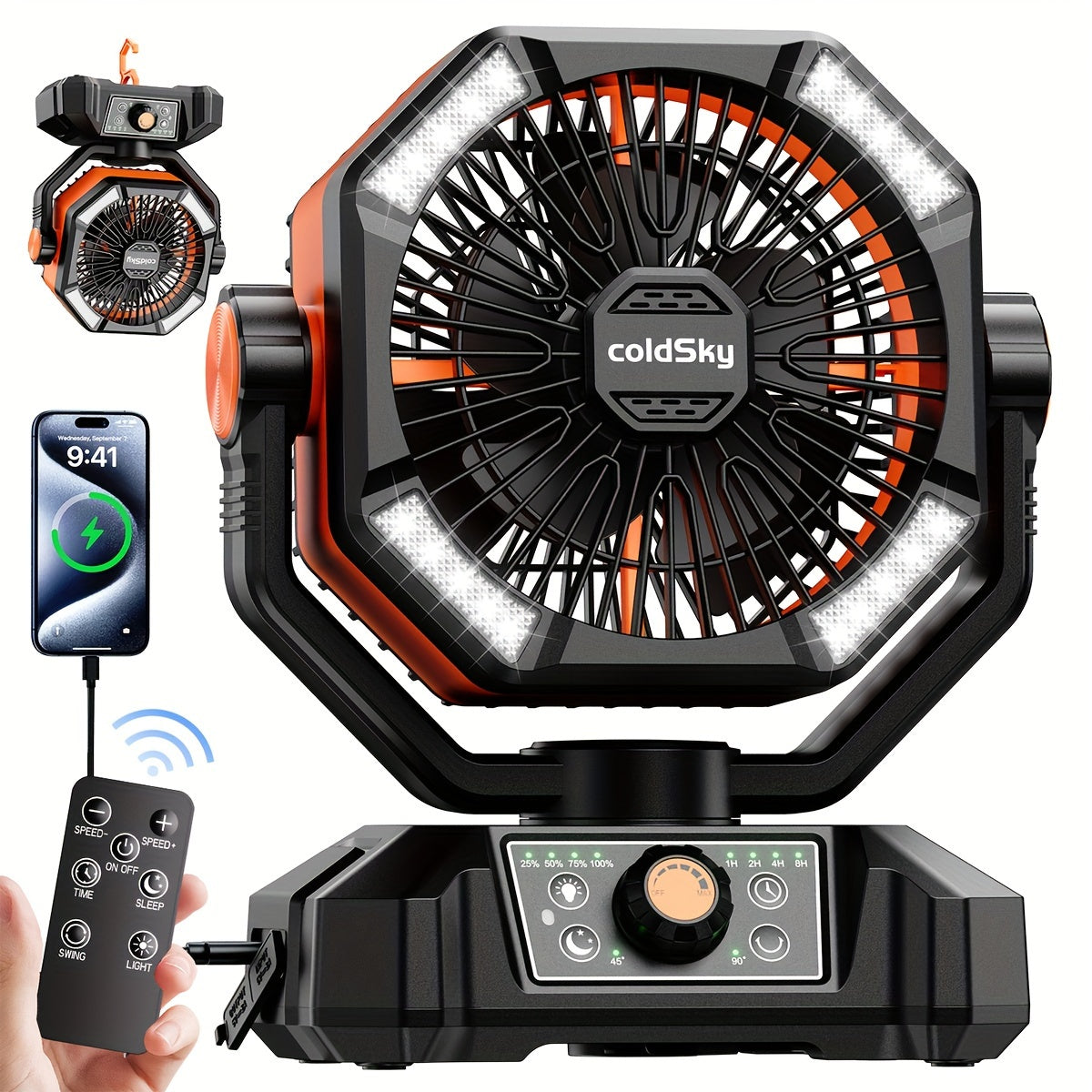 Rechargeable Camping Fan 20000mAh Battery Powered Dual Motor 8-Speed with Remote Control 4 LED Lanterns – Portable Outdoor Tent Fan with Hook for Camping Travel Power Outage Emergency