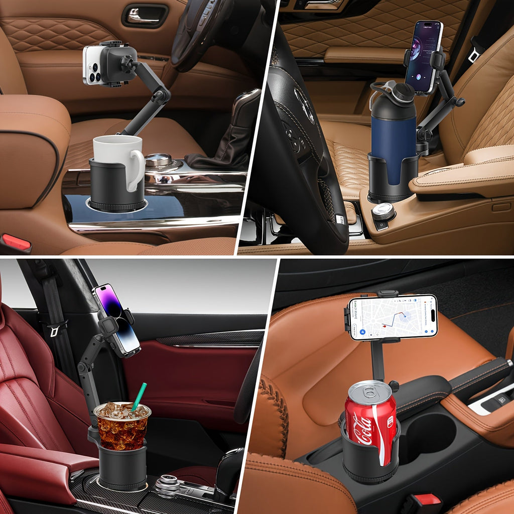 Car Phone Cup Holder Mount 2-in-1 Swivel 360° Rotation Universal Fit for Cars SUVs Trucks with Shock Absorption Trim - Black Extender