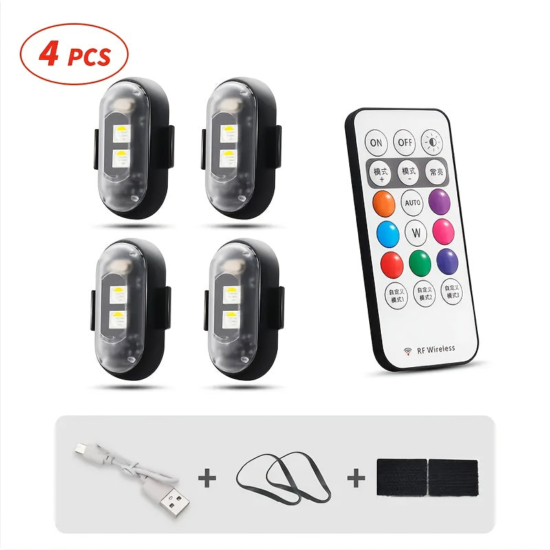 Wireless LED Strip Lights 8 Color Anti-Collision Warning Light Remote Control USB Rechargeable Waterproof for Car Motorcycle Drone Bicycle Night Visibility Safety 4-Pack 6-Pack