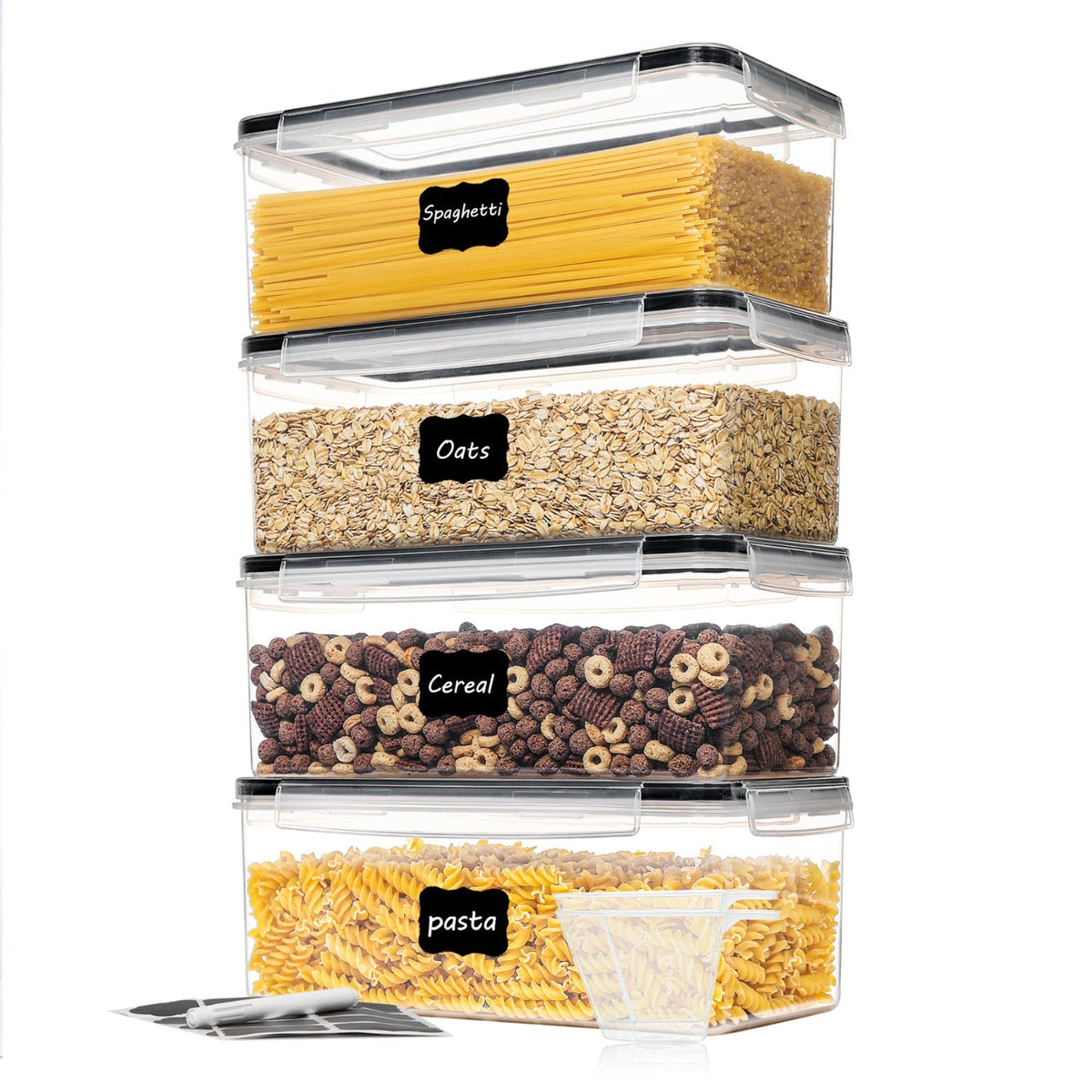 Airtight Food Storage Containers with Lids 4-Pack 108.2oz, BPA-Free Plastic Spaghetti Pasta Container Set, 4-Side Locking Lid Pantry Organizer for Dry Food Flour Cereal Kitchen Storage