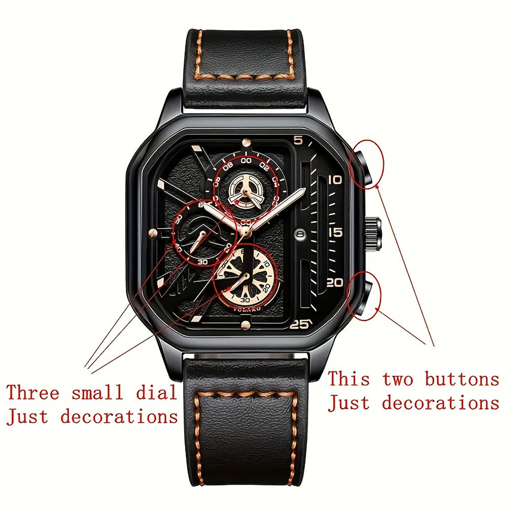 2pcs Men's Watch Set Sports Triangle Dial Silicone Strap and Retro Square Dial Quartz Watches with Date Display Dress Watch for Casual Valentine's Father's Day Gift