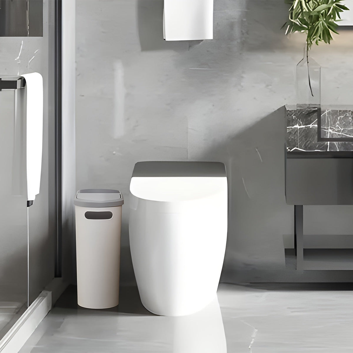 Small Bathroom Trash Can with Built-In Handles 2/1 Pack – Rustproof Plastic Wastebasket, Space-Saving Design for Bathroom, Laundry Room & Home Office, Includes Trash Bags