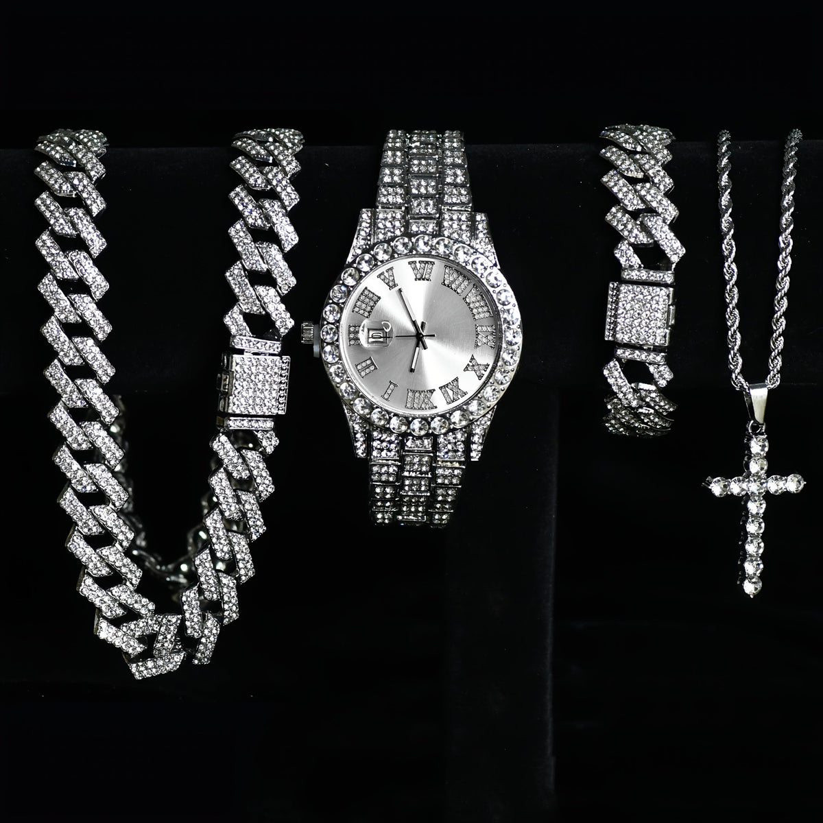 Luxury Cuban Link Jewelry Set for Men & Women – 4-Piece Necklace Bracelet Pendant Wristwatch Full Set 12 Color Options Silver Gold Pink Green Blue Hip Hop Bling Valentine's Day Christmas Gift