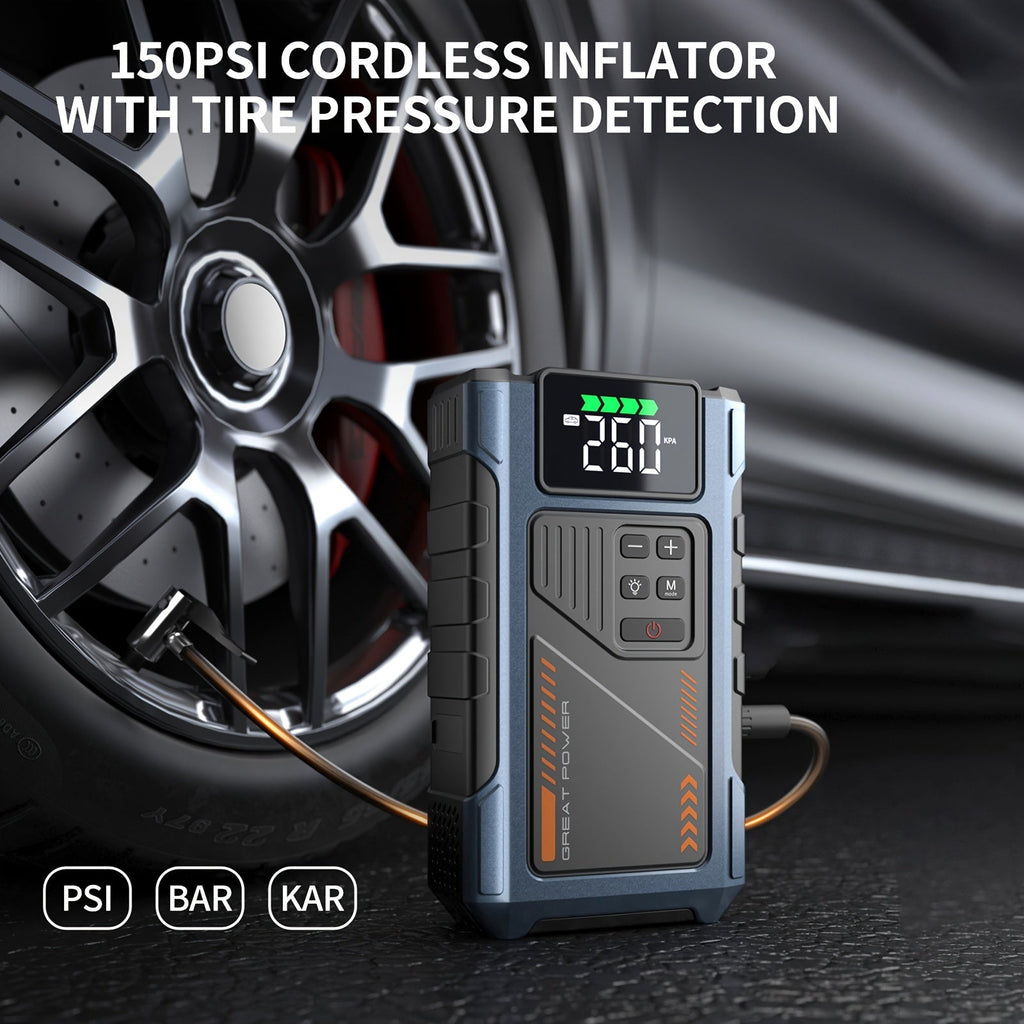 4000A Car Jump Starter with Air Compressor & Tire Inflator – All-in-One Portable Battery Booster for Gas & Diesel Engines, LED Light USB Power Bank Digital Display, Compact Emergency Car Starter