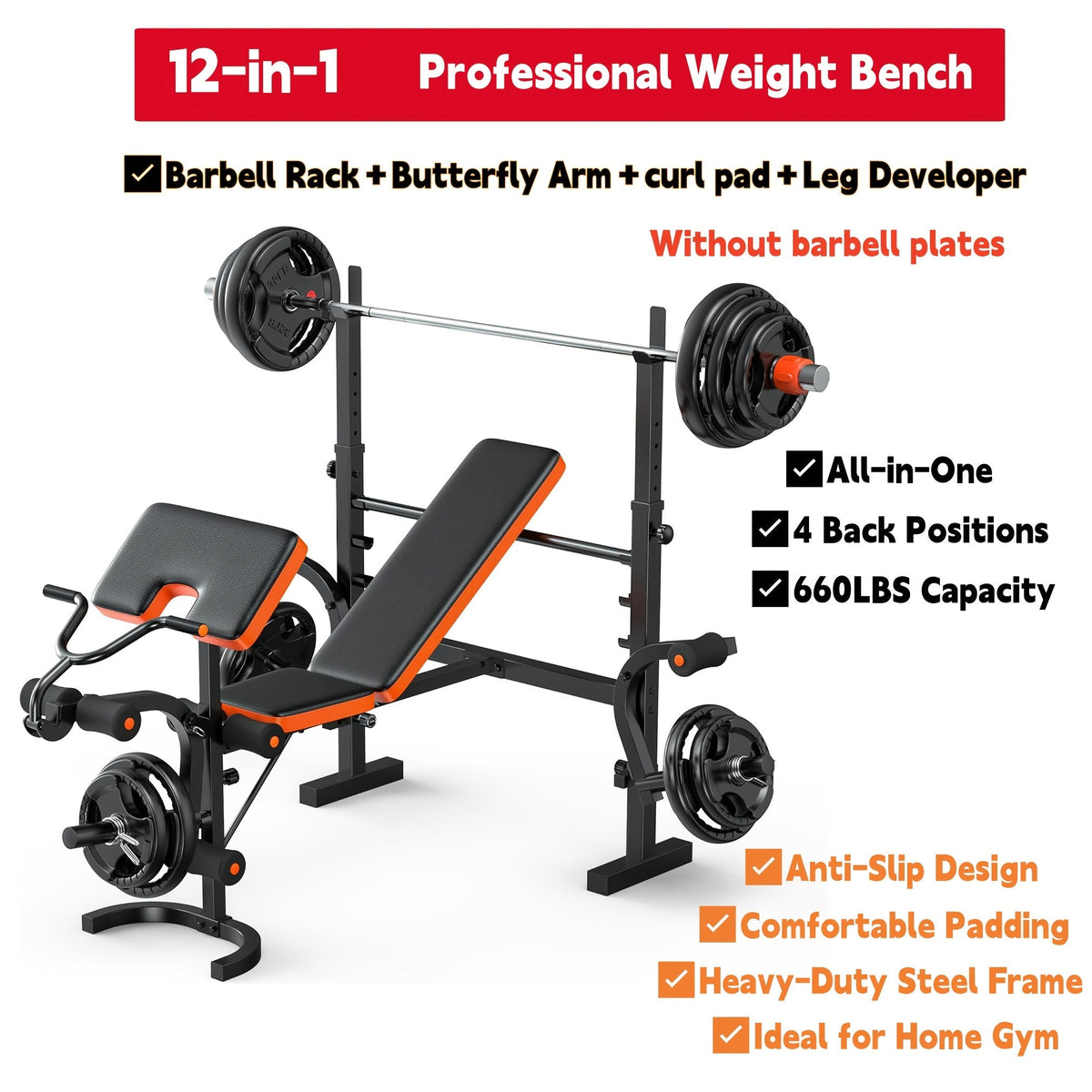 Foldable 6-in-1 Adjustable Weight Bench 770 LBS Home Gym – Flat Incline Decline Strength Training with Resistance Bands Preacher Curl Pad & Leg Developer for Full Body Workouts
