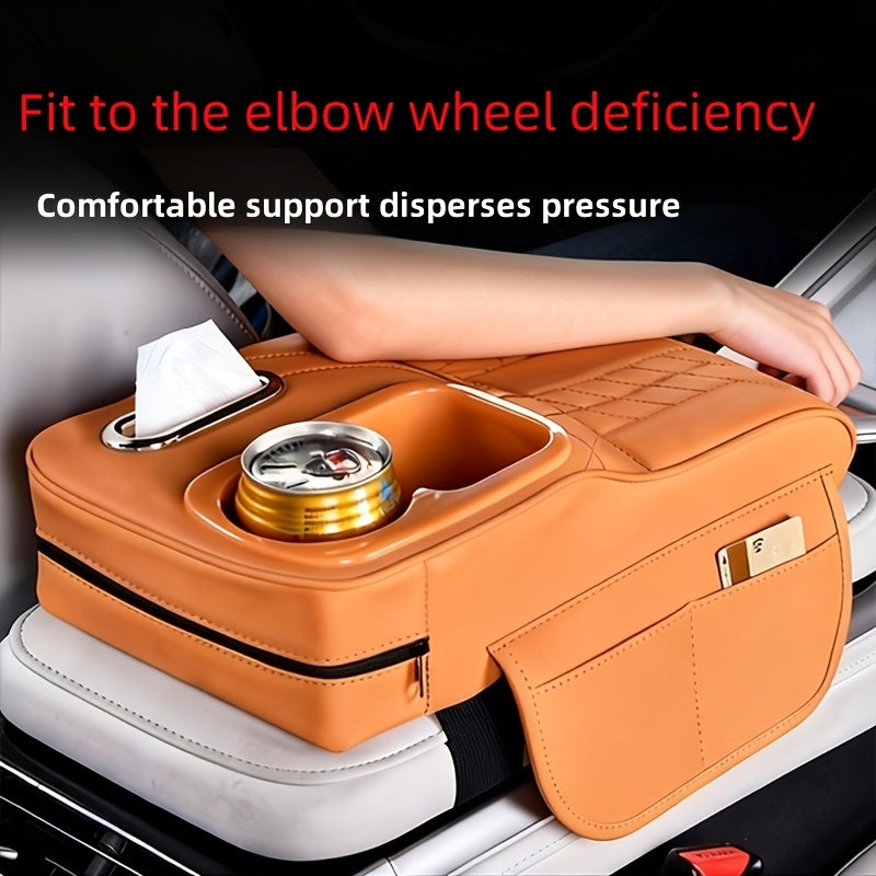 Car Center Console Armrest Pad Height Extender with Built-In Tissue Box Cup Holder Storage Organizer 6 Colors Black Beige Orange Red Brown Universal Fit Most Cars SUVs No Tools | Nova Mart
