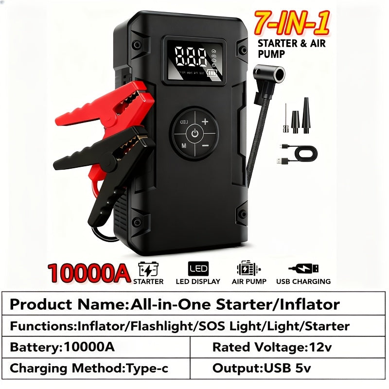 10000A Car Jump Starter 7-in-1 with 150PSI Air Pump – Portable Battery Booster for Gas Up to 10L & Diesel Up to 8L, Power Bank, Vehicle Emergency Kit