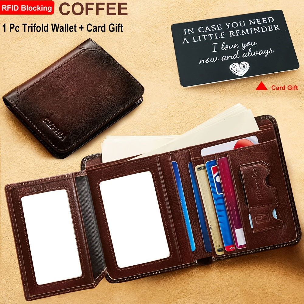 RFID Blocking Genuine Leather Wallet Men Trifold Cowhide Vintage 9 Card Slots 2 ID Windows Money Clip Cash Slots Father's Day Birthday Gift for Dad Husband Brown Black Blue