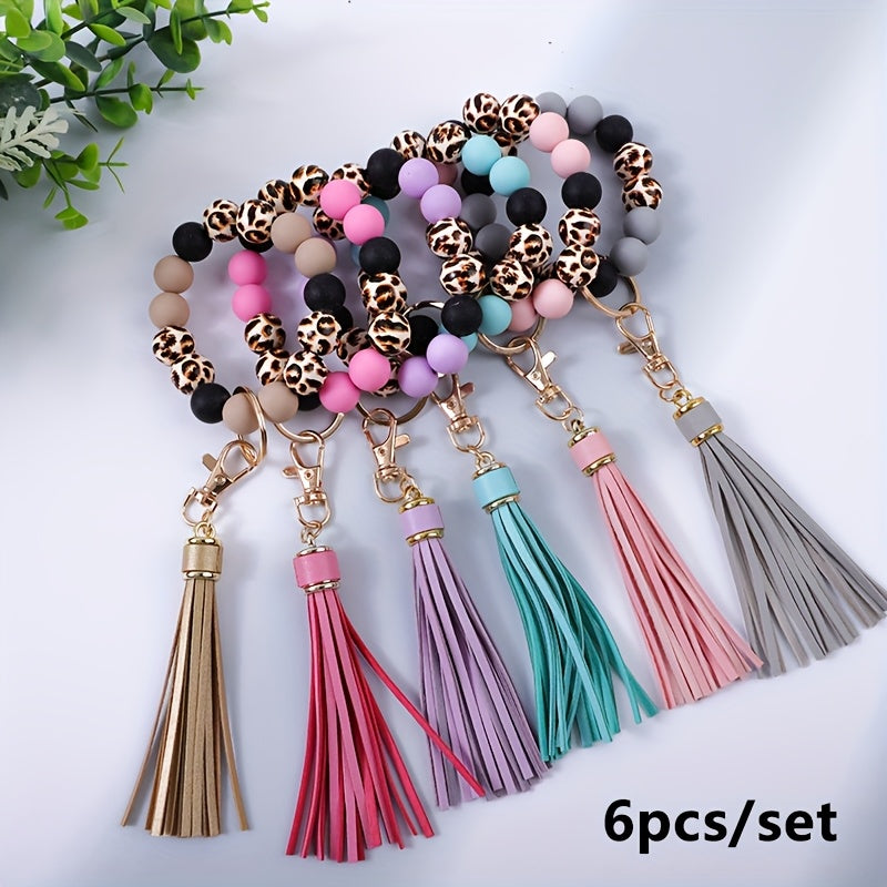 6Pcs Leopard Print Wooden Bead Keychain Set with Tassel & Silicone Beads – Wrist Key Ring Gift for Mom, Friends & Holiday Occasions