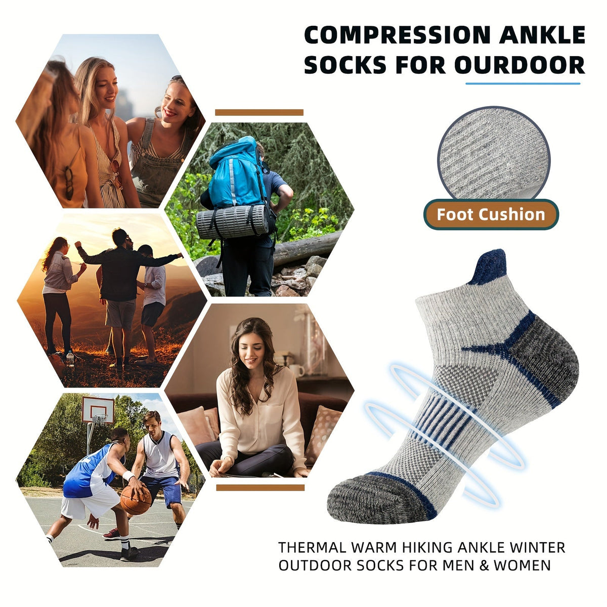 Merino Wool Hiking Socks 6 Pairs for Men & Women – Cushioned Ankle Compression Running Work Socks, Moisture-Wicking Breathable Low Cut No-Show Design, All-Season Blister-Free Comfort