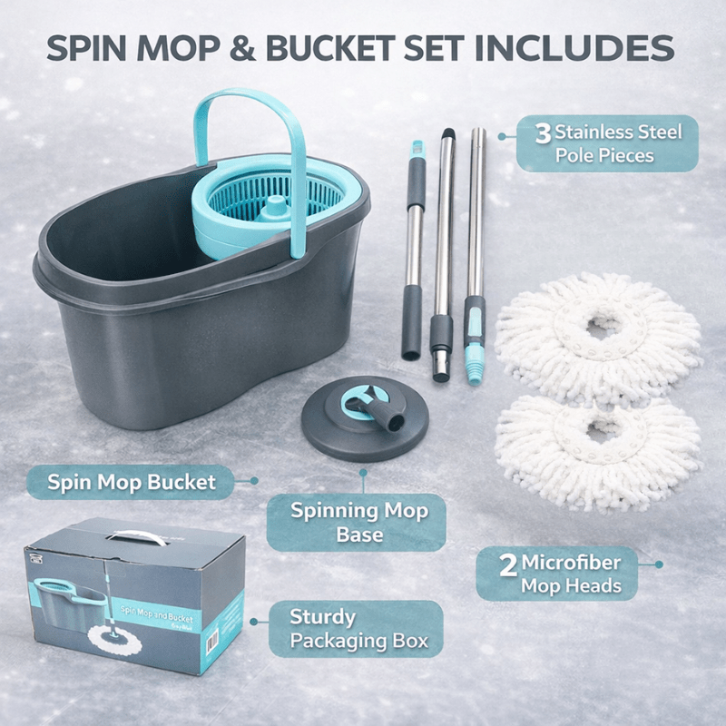 360° Spin Mop and Bucket Set with Wringer – Microfiber Mop Refills Stainless Steel Extended Handle Separate Compartment Floor Cleaning System for Hardwood Tile Laminate, Upgrade Option with 2 Refills