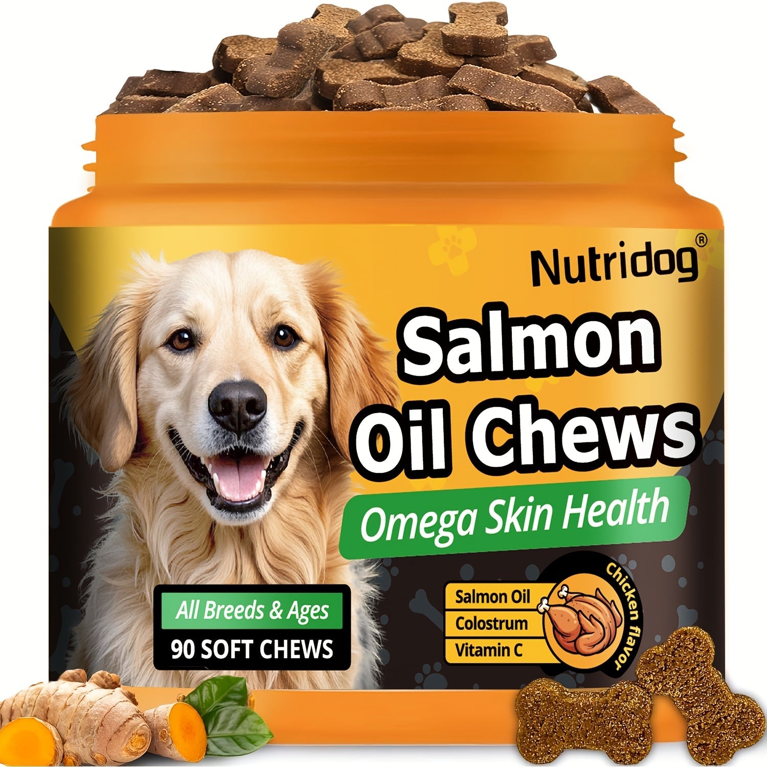 Dog Supplement Soft Chews 90 Count Probiotics Salmon Oil Chicken Flavor Supports Coat Gut Health Immunity All Ages Puppies Seniors 225g