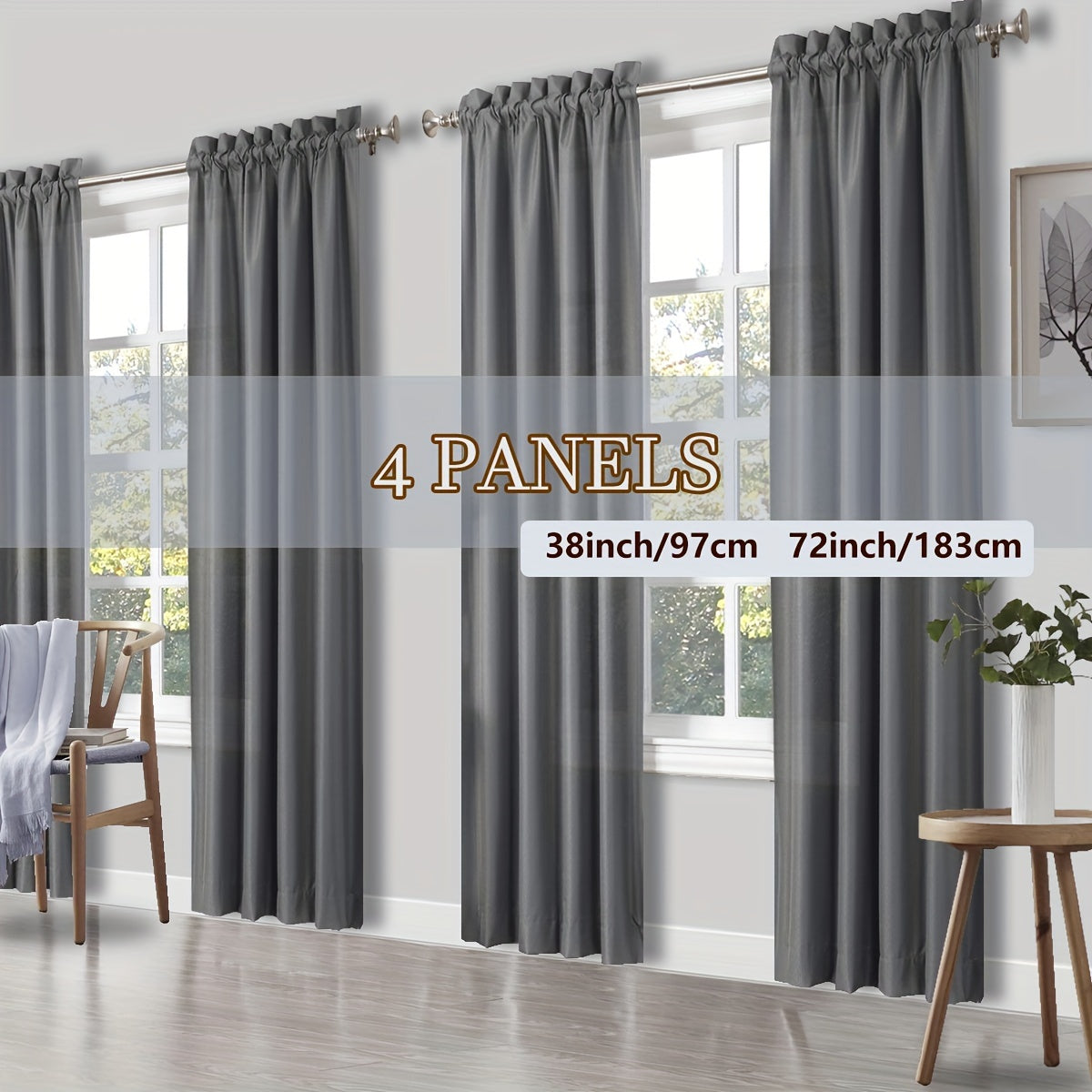 Rod Pocket Light Filtering Curtains 4 Panels – Solid Color Drapes for Living Room Bedroom Office, Easy Install, 10 Colors & 8 Sizes, Yarn-Dyed Fade Resistant Fabric, Home Window Treatment Set