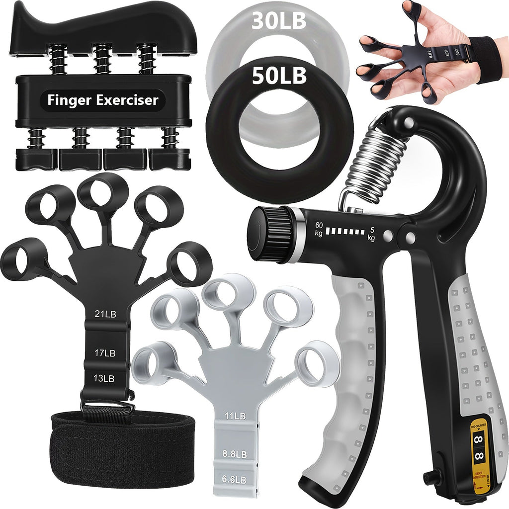 6-Piece Grip Strength Trainer Set Adjustable Hand Gripper 10-130lbs Auto Rep Counter – Finger Exerciser Dual Forearm Workout Rings Finger Stretcher Hand Strengthener Men Women