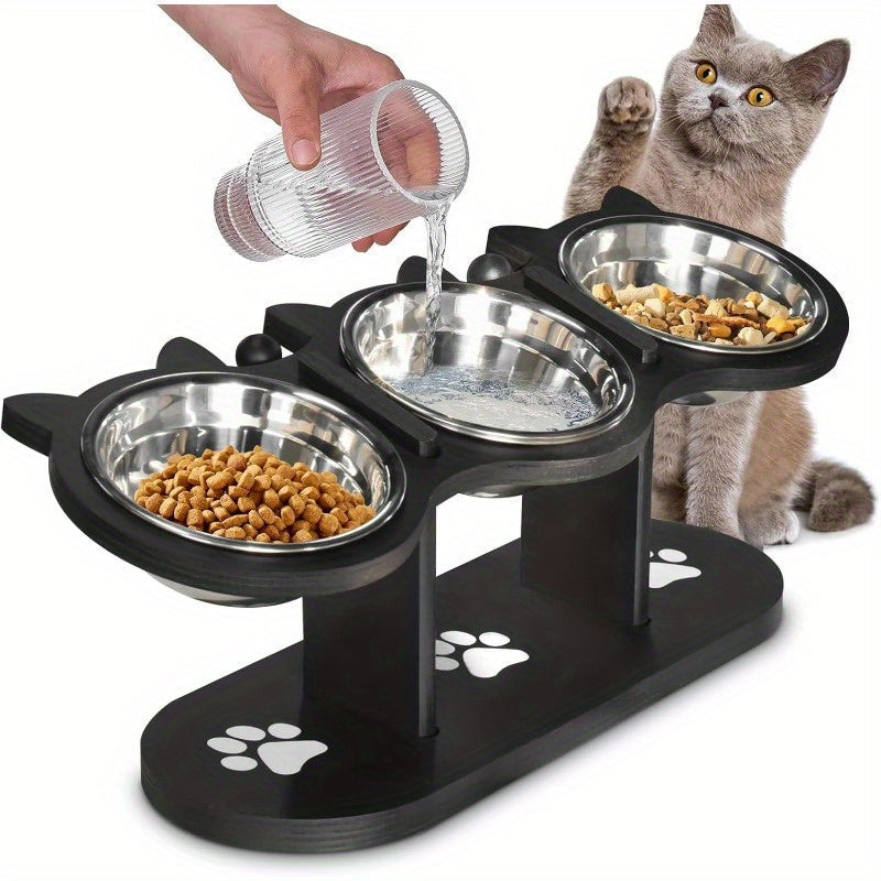Elevated Cat Bowl Stand 15 Degree Tilted Stainless Steel Bowls Raised Feeder Cats Small Dogs Anti-Spill Black Wooden Base Set of 2 or 3 Bowls Food Water Ergonomic Posture