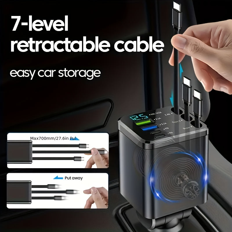 7 in 1 Car Fast Charger with 3 Retractable Cables LED Digital Display 180 Degree Adjustable Multi-Port Car Phone Charger for iPhone Android USB-C Samsung Universal 12V 24V