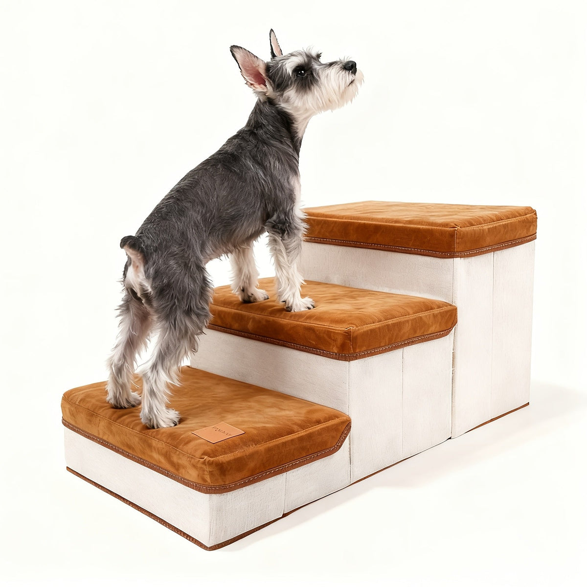 3-Tier Foldable Dog Stairs for Small Dogs Non-Slip Nylon Pet Ramp for High Beds Sofas Compact Foldable Brown White Includes Bonus Plush Toy