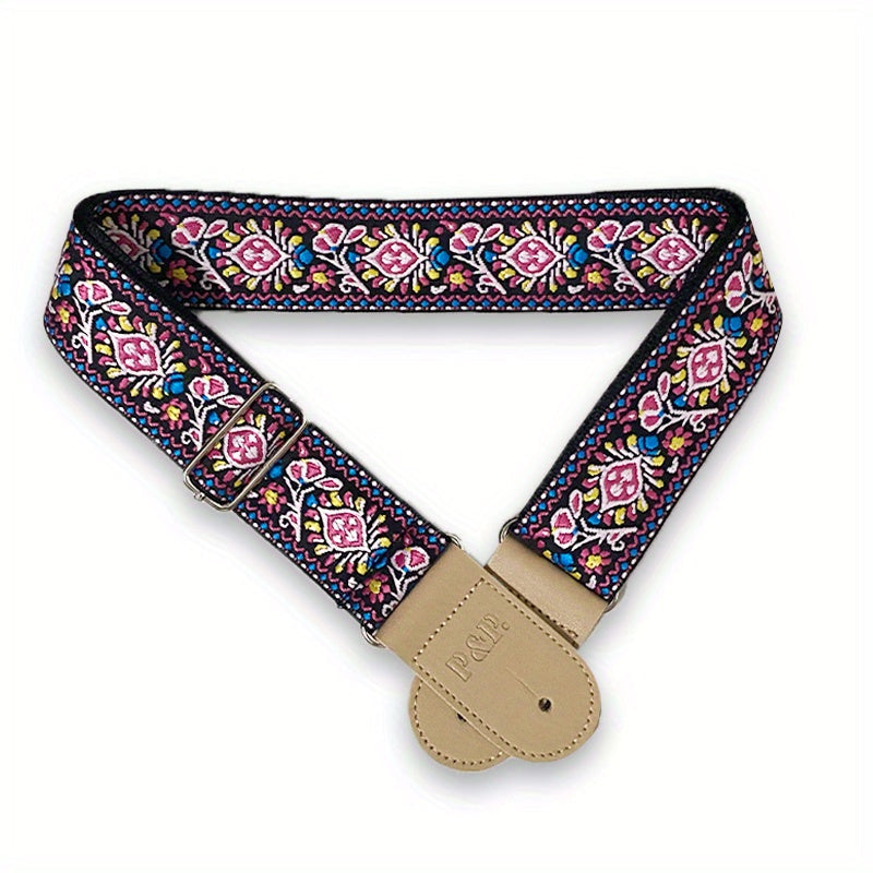 Adjustable Embroidered Guitar Strap with PU Leather Ends – Boho National Style, 35–57 Inch Length, Fits Acoustic, Electric, Classical Guitar & Bass, 11 Unique Designs
