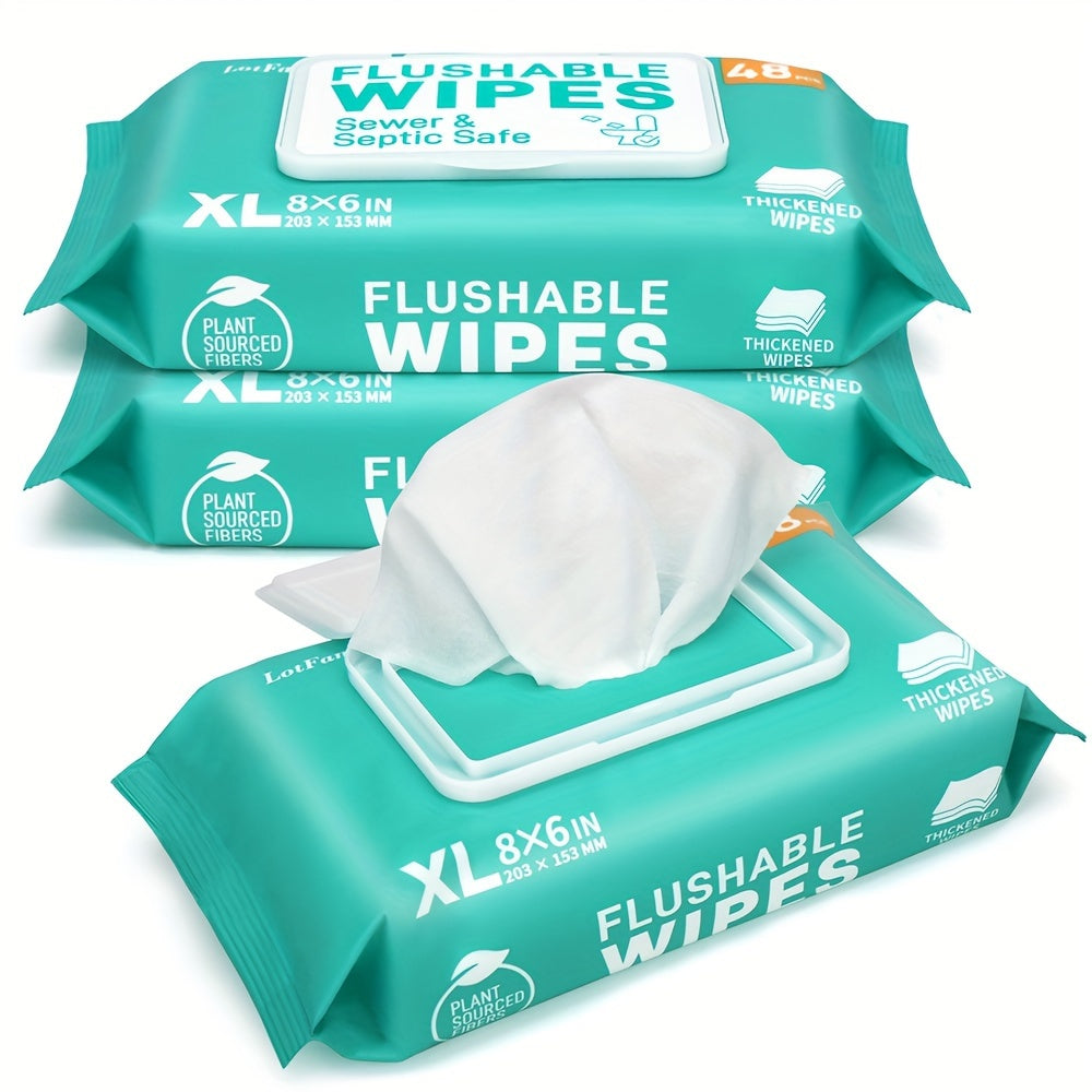 Flushable Wet Wipes Extra Large 30% Thicker – 144 or 288 Count (3-Pack or 6-Pack x 48ct), Alcohol-Free Plant-Based Septic & Sewer Safe, Sensitive Skin Baby Toddler Adult Incontinence Personal Care