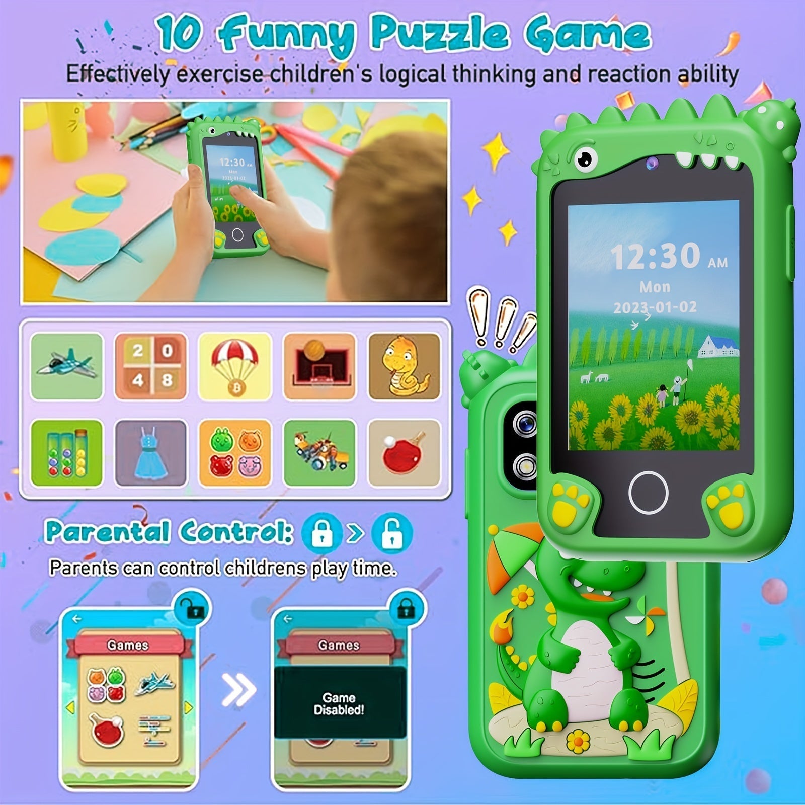 Kids Smart Phone Toy Dinosaur Design HD Touchscreen Dual Camera 8GB SD Card Play Cell Phone for Boys Girls Ages 3 and Up Travel Toy Birthday Easter Halloween Christmas Gift Green Purple