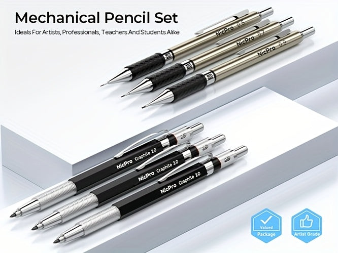 Nicpro 34-Piece Art Mechanical Pencil Set 6 Metal Drafting Pencils 0.5 0.7 0.9 2mm 19 Refill Leads 6B to H Erasers Storage Case Sketching Drawing Artists Students