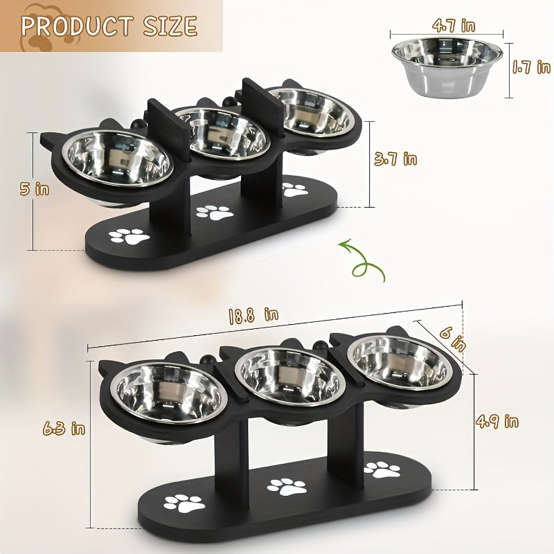 Elevated Cat Bowl Stand 15 Degree Tilted Stainless Steel Bowls Raised Feeder Cats Small Dogs Anti-Spill Black Wooden Base Set of 2 or 3 Bowls Food Water Ergonomic Posture