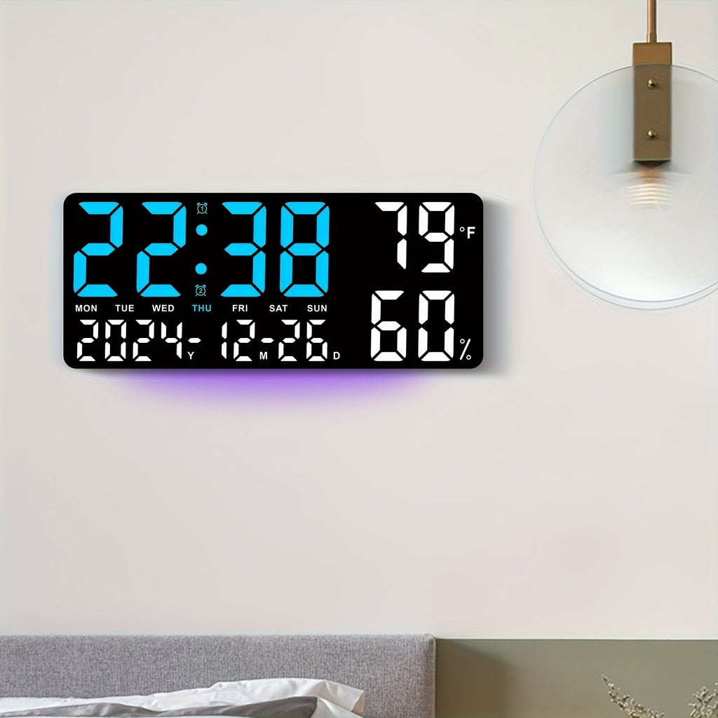 Large Screen LED Alarm Clock with Auto-Dimming Remote Control – 15 Inch Digital Clock Displays Time, Date, Week, Temperature & Humidity – Bedroom Bedside Clock for Seniors, Living Room, Office Desk