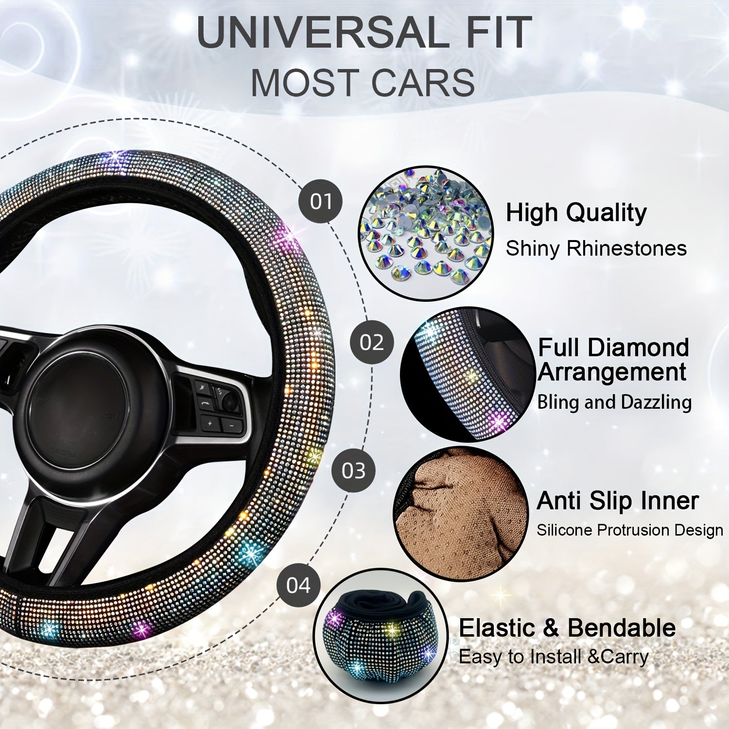 8pc Rhinestone Bling Car Accessories Set for Women – Steering Wheel Cover, Coasters, Seatbelt Pads, Starter Rings & Shift Knob Cover, 7 Colors, Sparkly Glitter Interior Kit
