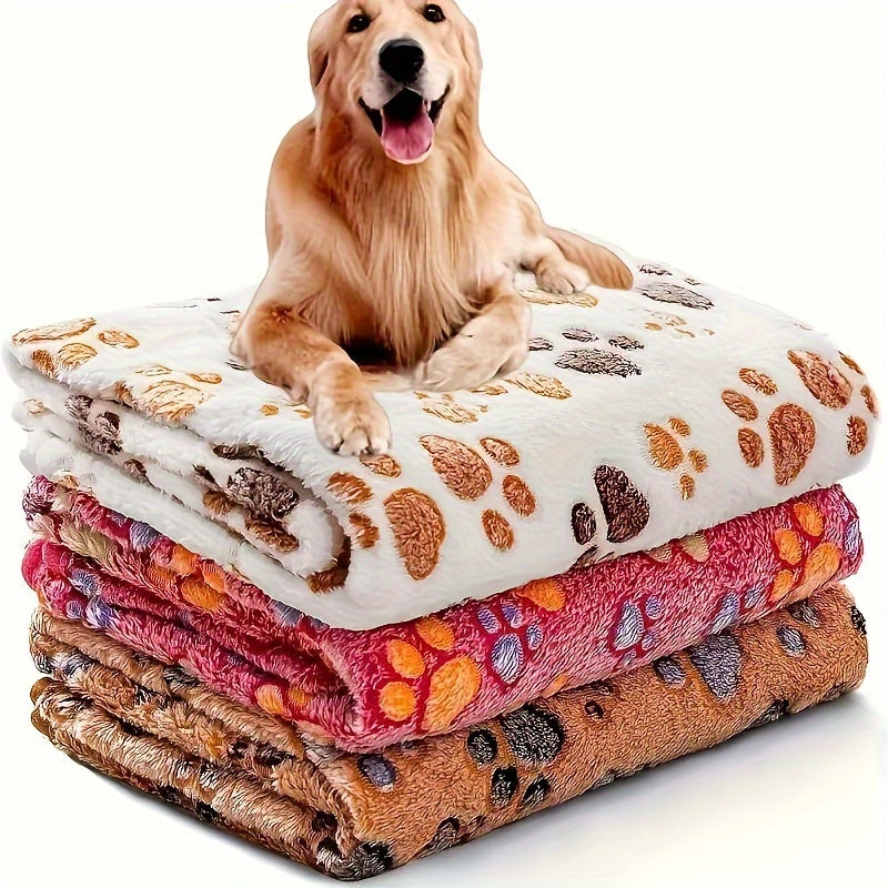 Fleece Pet Blanket 3-Pack for Dogs Cats & Puppies – Super Soft Fluffy Tear-Resistant Flannel Throw, Paw Print Brown Pink White, Machine Washable, Includes Free Pet Drying Towel