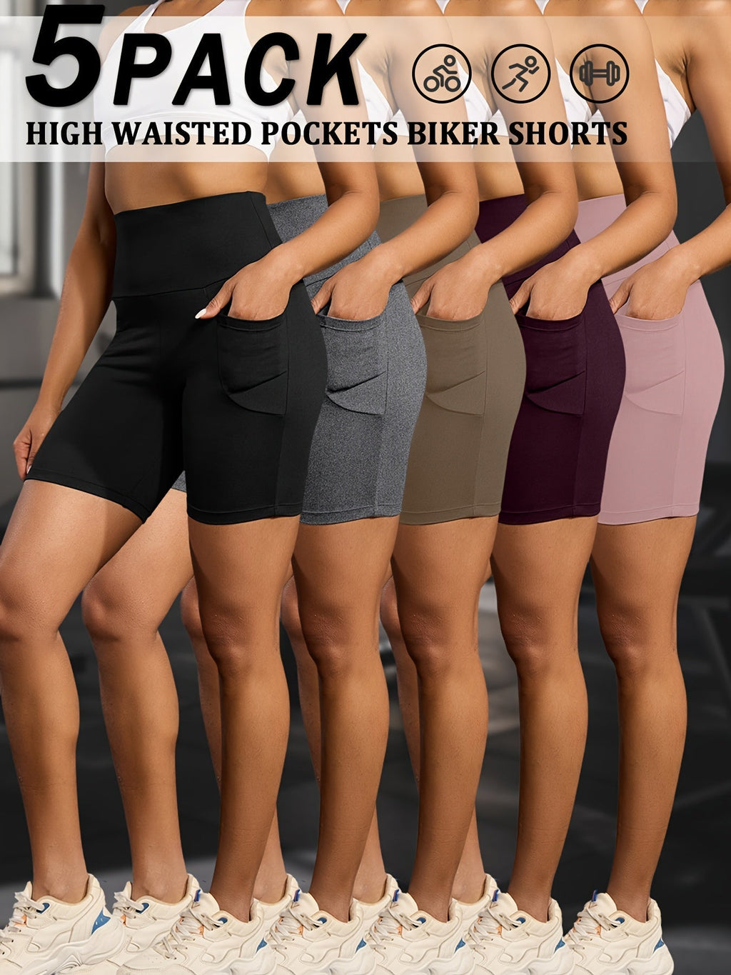 Women's High Waisted Biker Shorts 5 Pack with Pockets – Tummy Control No See-Through Workout Shorts, 6" Inseam, Super Soft High-Elasticity Athletic Shorts for Running, Yoga, Gym & Summer Training