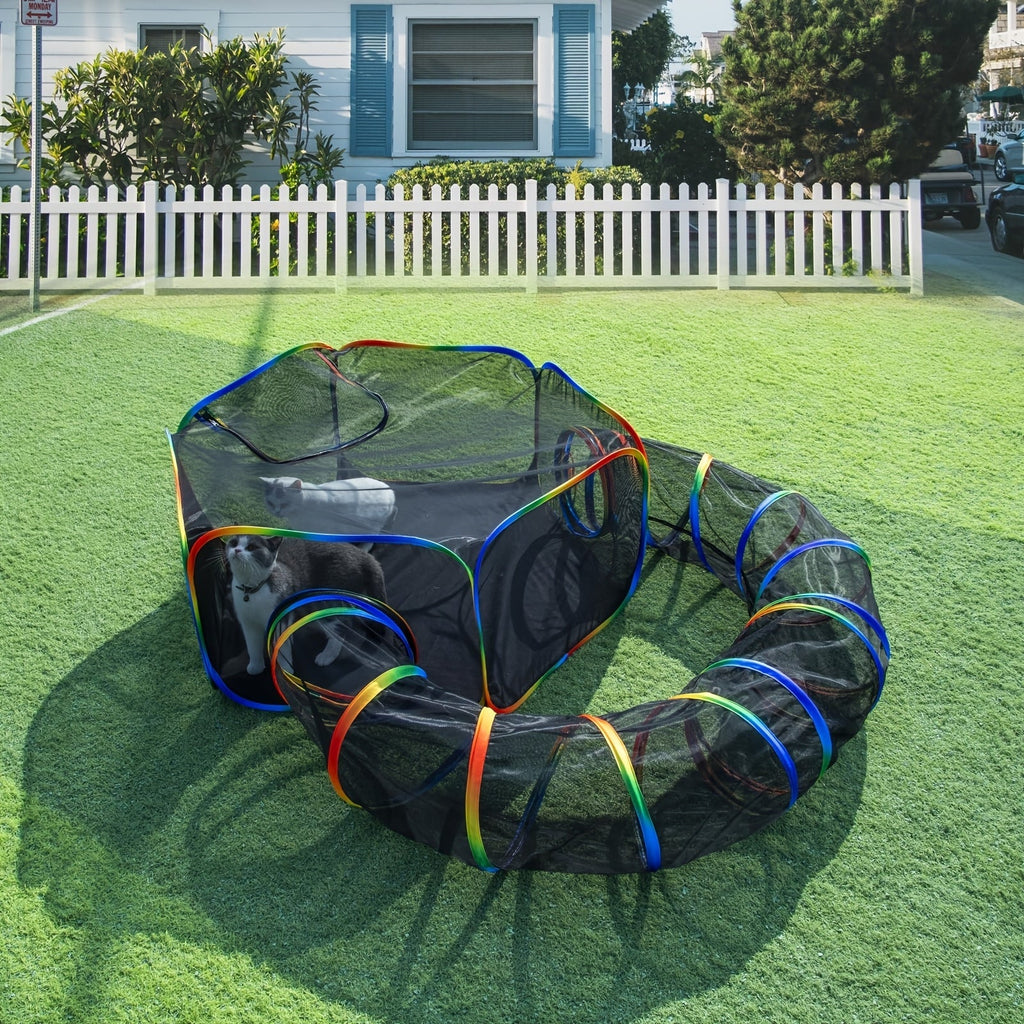 Rainbow Cat Playpen Outdoor Cat Enclosure with Circle Tunnel Portable Pop-Up Tent Foldable Cat Playground for Cats Kittens Rabbits Small Animals Indoor Outdoor Safe Exercise Space