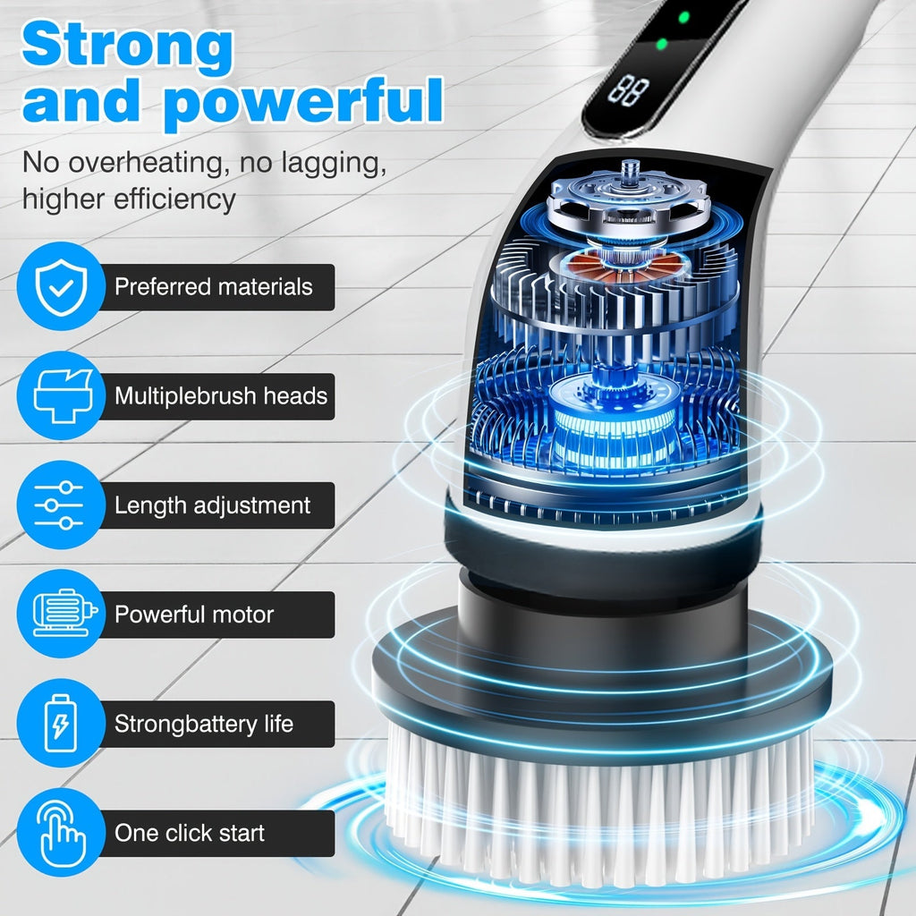 Electric Spin Scrubber Cordless with 7 Replaceable Brush Heads – Dual Adjustable Speeds Adjustable Detachable Handle for Bathroom Tub Tile Grout Floor Shower Kitchen Cleaning, White & Black
