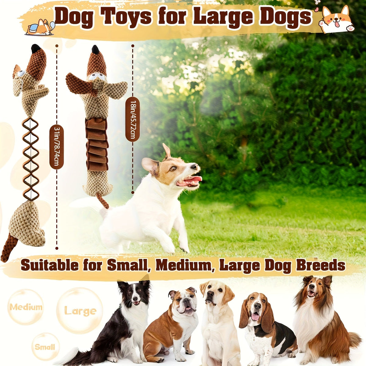 Large Squeaky Crinkle Dog Toy Extendable 15.7 to 19.7 Inch Plush Pull Tug Bite Toy Crinkled Paper Filling Small Medium Large Dogs Interactive Fetch Chew Toy No Battery