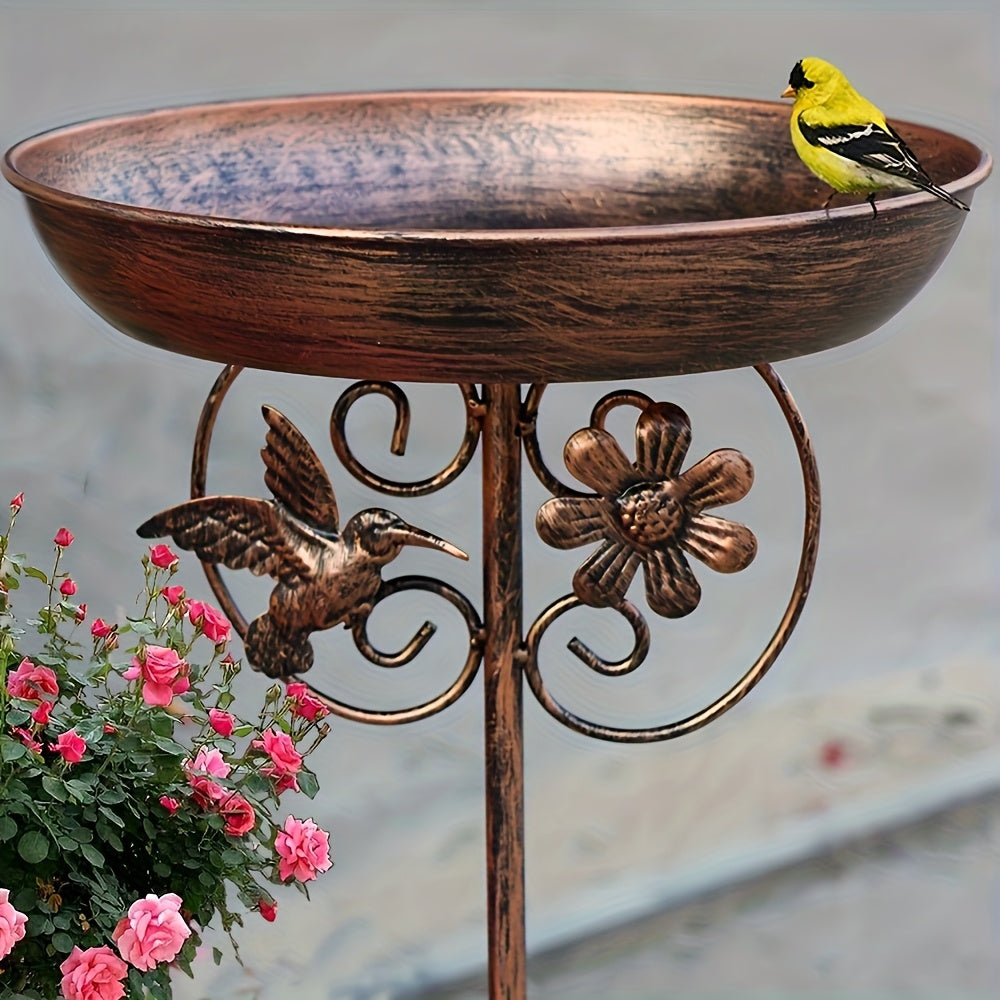 Outdoor Bird Bath and Feeder Set Metal Sunflower Design 5-Claw Stake Base Bronze Color Weather-Resistant Backyard Garden Decor Attracts Wild Birds
