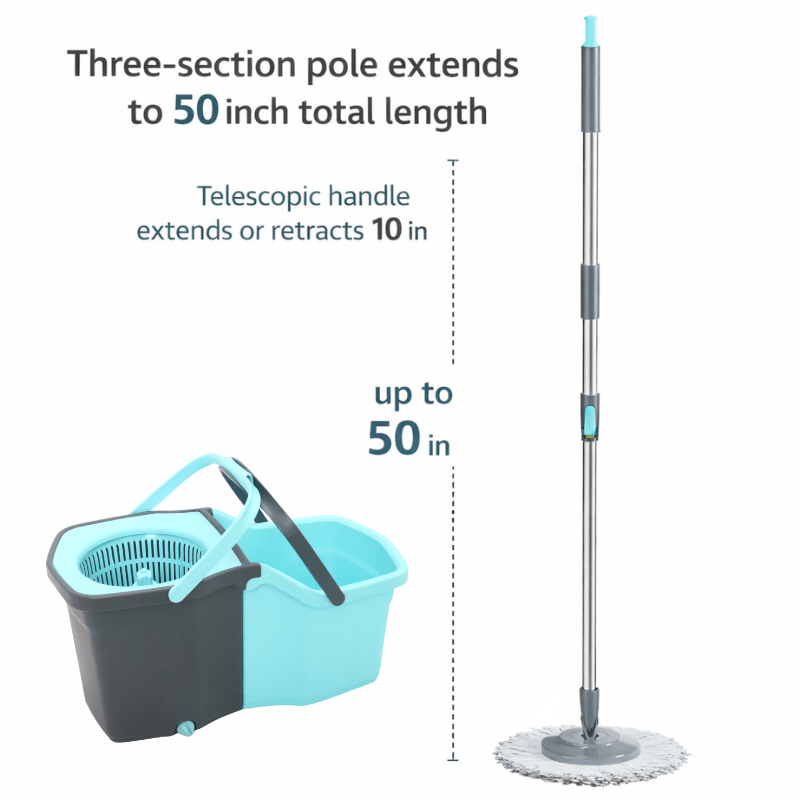 360° Spin Mop and Bucket Set with Wringer – Microfiber Mop Refills Stainless Steel Extended Handle Separate Compartment Floor Cleaning System for Hardwood Tile Laminate, Upgrade Option with 2 Refills