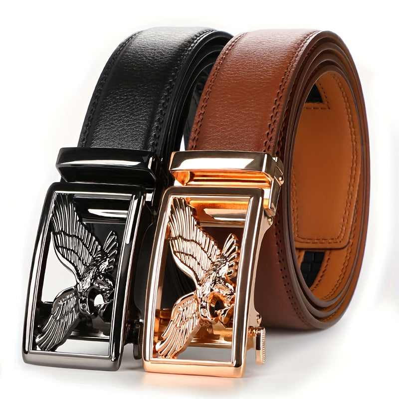 Men's Genuine Leather Ratchet Belt with Automatic Alloy Buckle – No-Hole Adjustable 110-130cm 3 Color Options Black Brown Business Casual Dress Belt Father's Day Birthday Christmas Gift