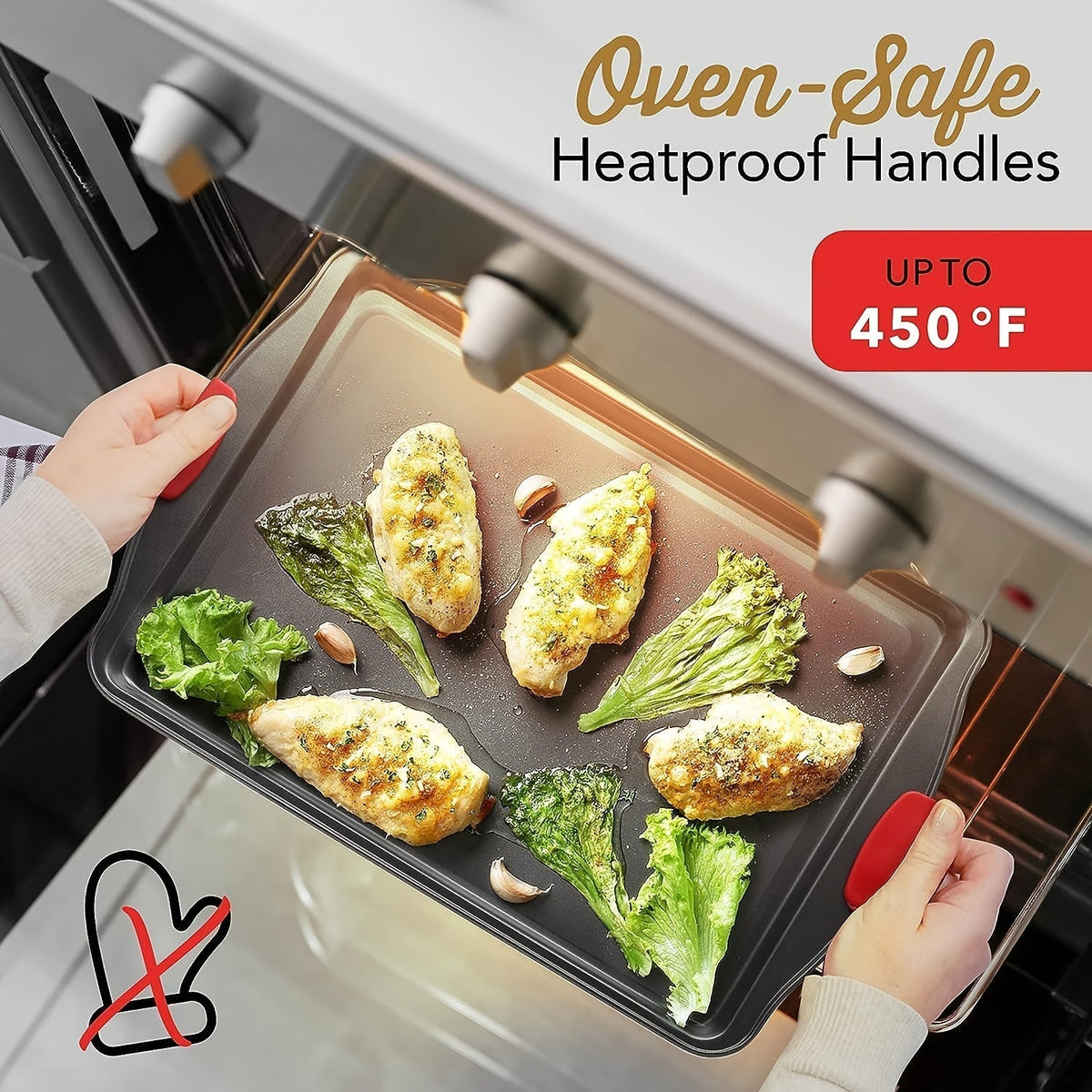 Carbon Steel Non-Stick Baking Pan Set 3-Piece – Commercial Restaurant Grade Oven Safe Bakeware with Red Silicone Handle Double-Sided Coating Sheet Pan Cookie Tray Roasting Pan for Home Kitchen