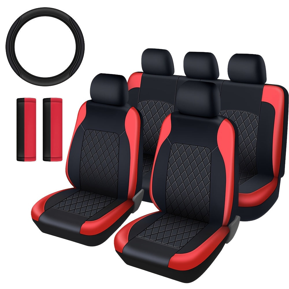 Quilted PU Leather Car Seat Covers Waterproof Sponge Padded All-Season Universal Fit Cars SUVs Trucks Gray Black Red Blue Single or 12-Piece Full Set Interior Protection | Nova Mart