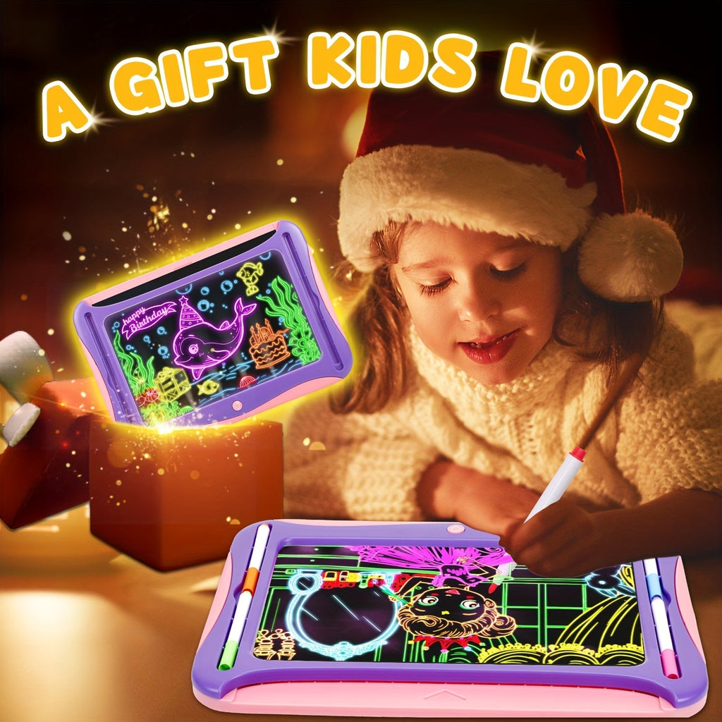 LED Light-Up Drawing Doodle Board for Kids Ages 3-8 – Glow Writing Art Set with 9 Double-Sided Cards & 6 Markers, Educational Learning Travel Toy, Birthday & Christmas Gift for Girls Boys