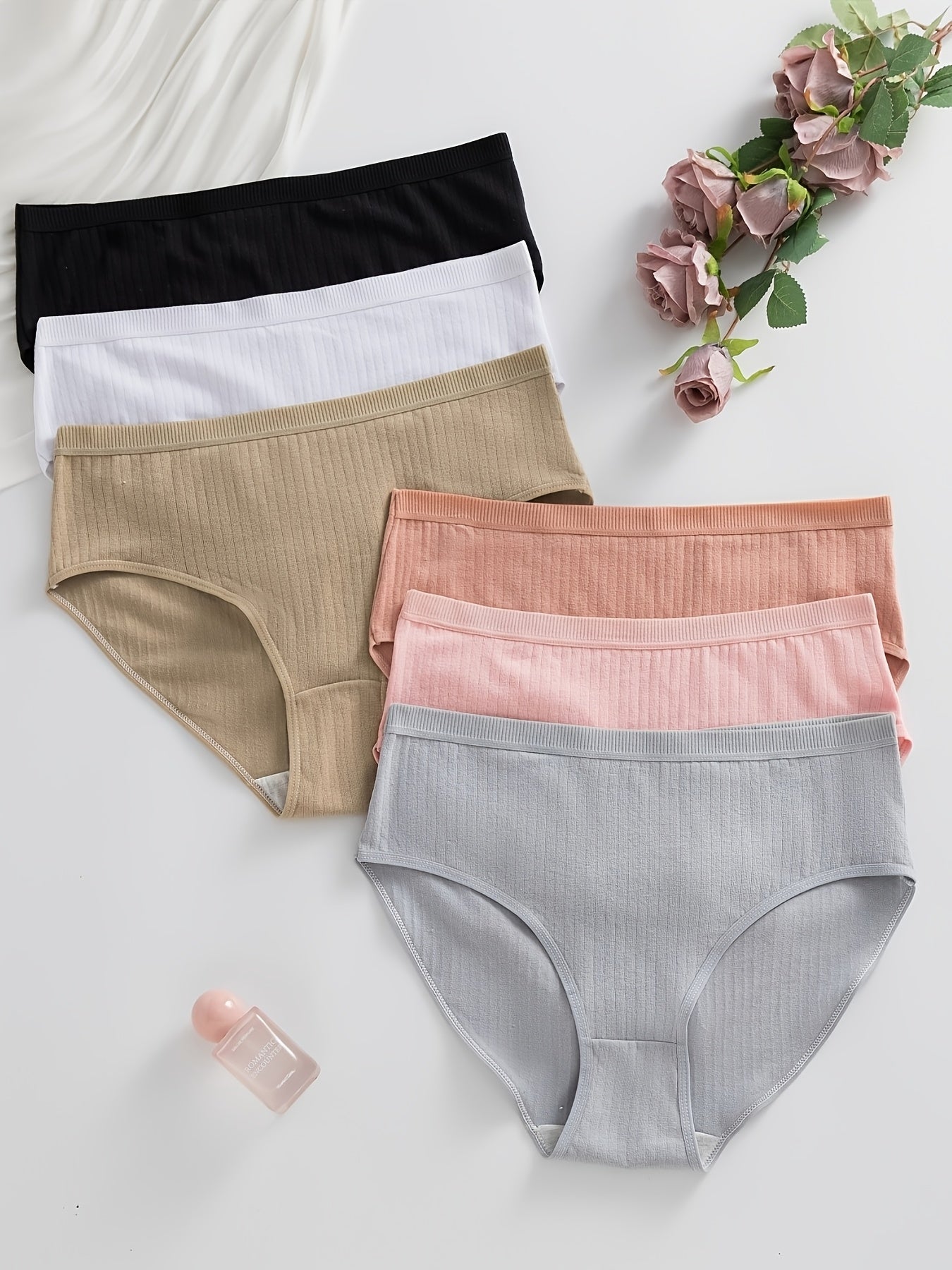 6-Pack Ribbed Thong Panties – Women's Soft Breathable Mid-Waist Triangle Underwear, Rib-Knit Texture, Solid Colors, Maternity-Friendly Everyday Panties