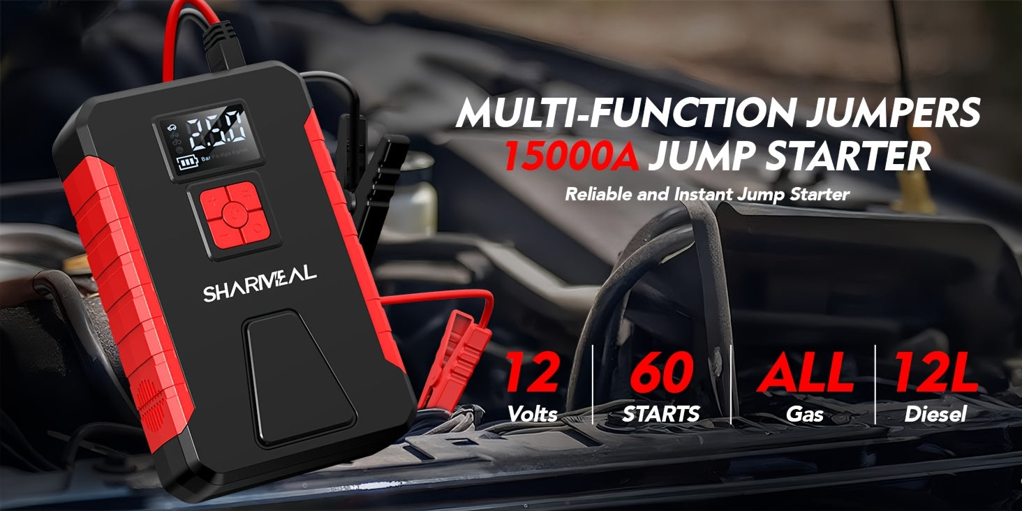 Portable Jump Starter 15000A-19000A Peak | 17-in-1 with 350PSI Air Compressor, 12V Car Battery Charger, LED Light, Digital Display – Emergency Kit for Cars, Trucks & SUVs
