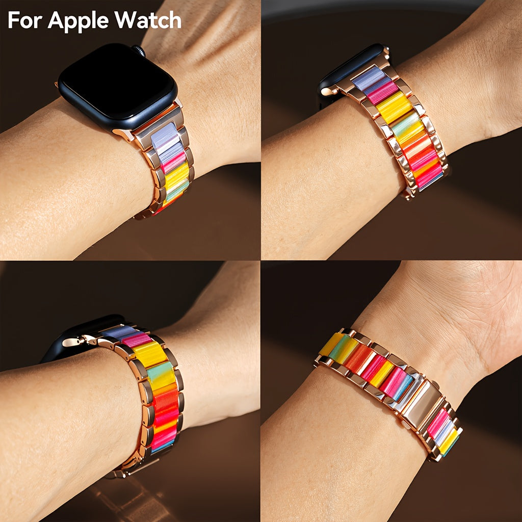 Apple Watch Band 42 44 45 46 49mm Women Stainless Steel Resin Metal Replacement Strap Starlight Rainbow for iWatch Series 11 10 9 8 7 6 5 4 3 SE Ultra Work Office Fitness Party